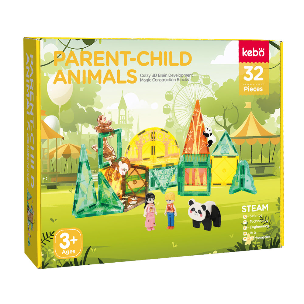 Kebo Parent-Child Animals Playset - 32pcs Educational Magnetic Tiles Building Toy