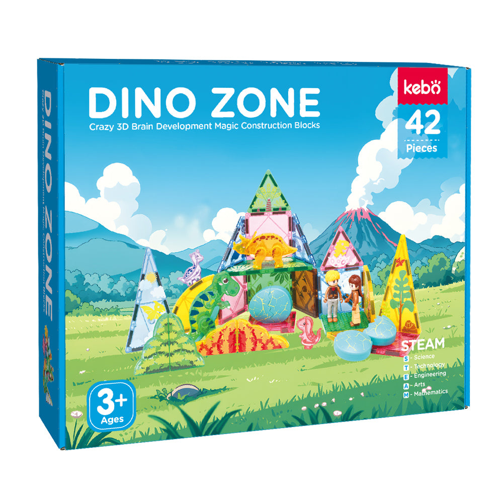 Kebo Dino Zone Playset - 42pcs Educational Magnetic Tiles Building Toy
