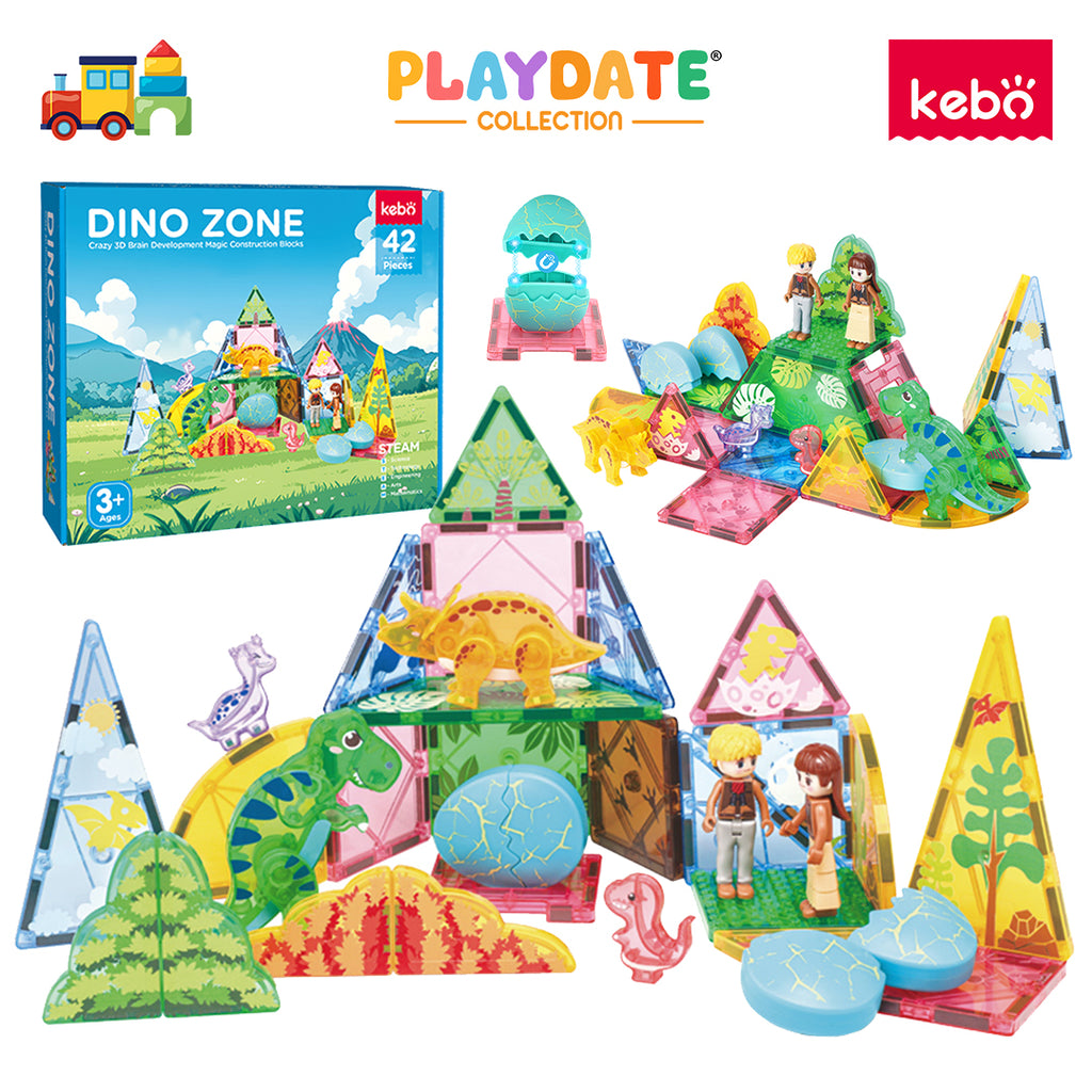 Kebo Dino Zone Playset - 42pcs Educational Magnetic Tiles Building Toy