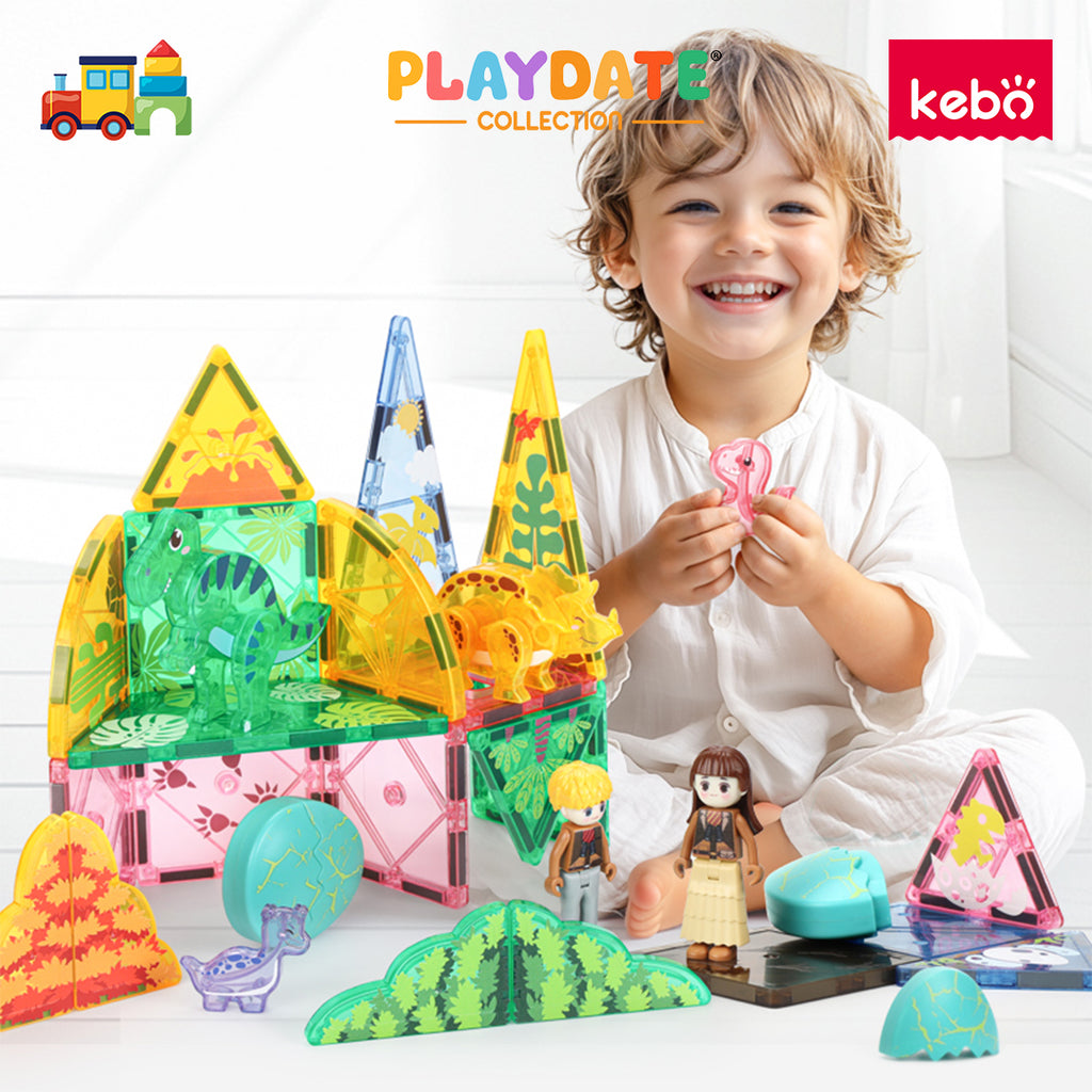 Kebo Dino Zone Playset - 42pcs Educational Magnetic Tiles Building Toy
