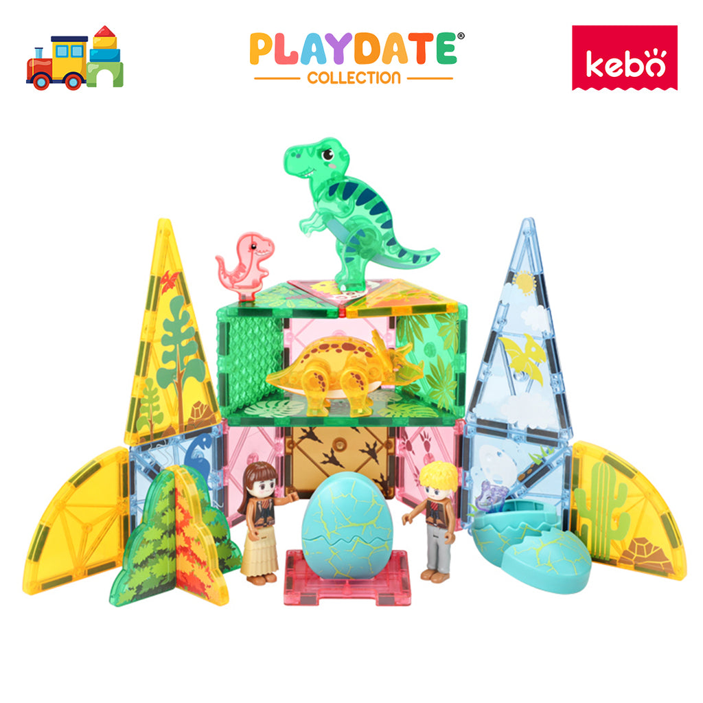 Kebo Dino Zone Playset - 42pcs Educational Magnetic Tiles Building Toy