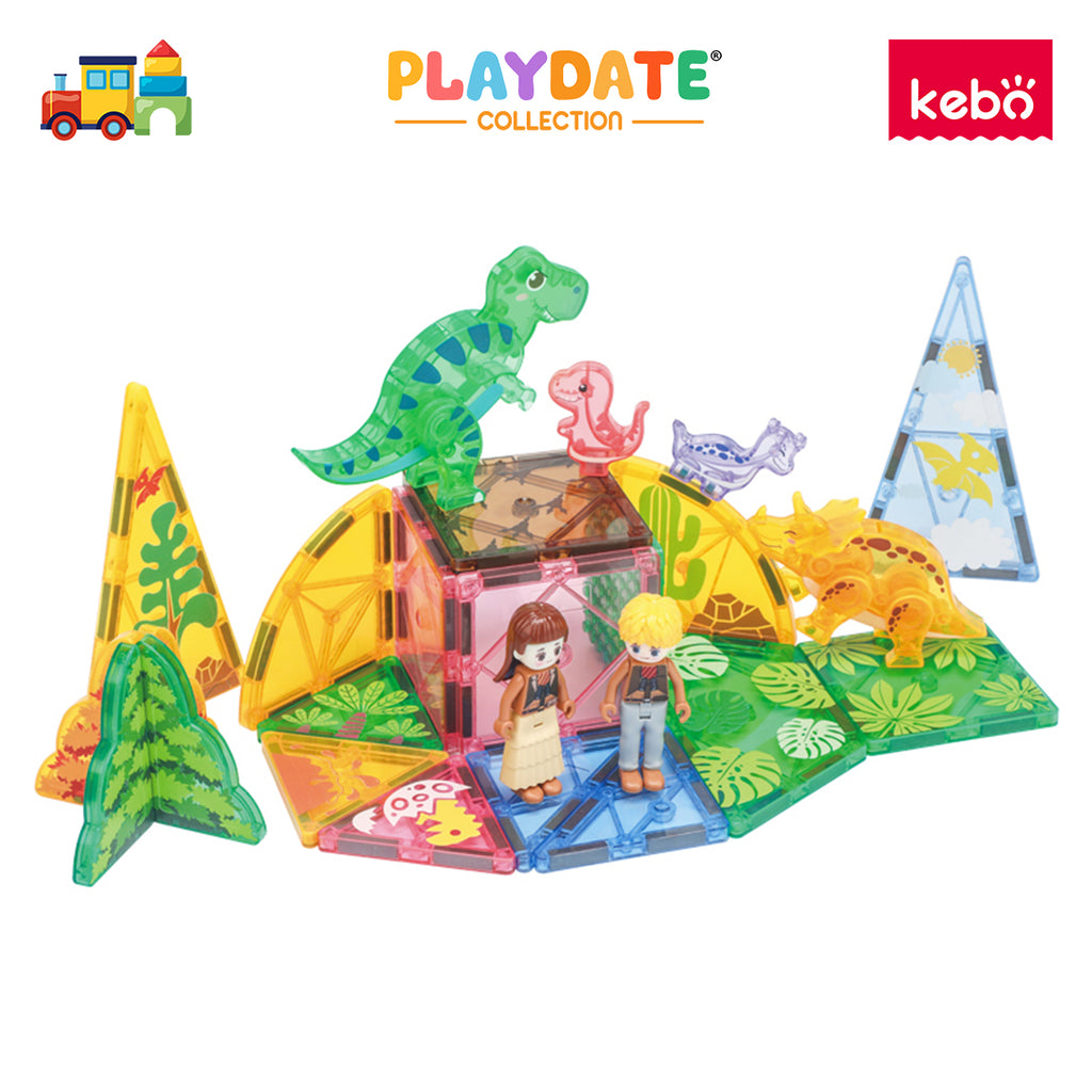 Kebo Dino Zone Playset - 42pcs Educational Magnetic Tiles Building Toy