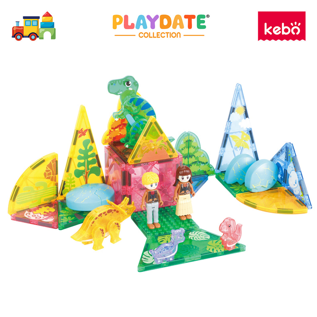 Kebo Dino Zone Playset - 42pcs Educational Magnetic Tiles Building Toy