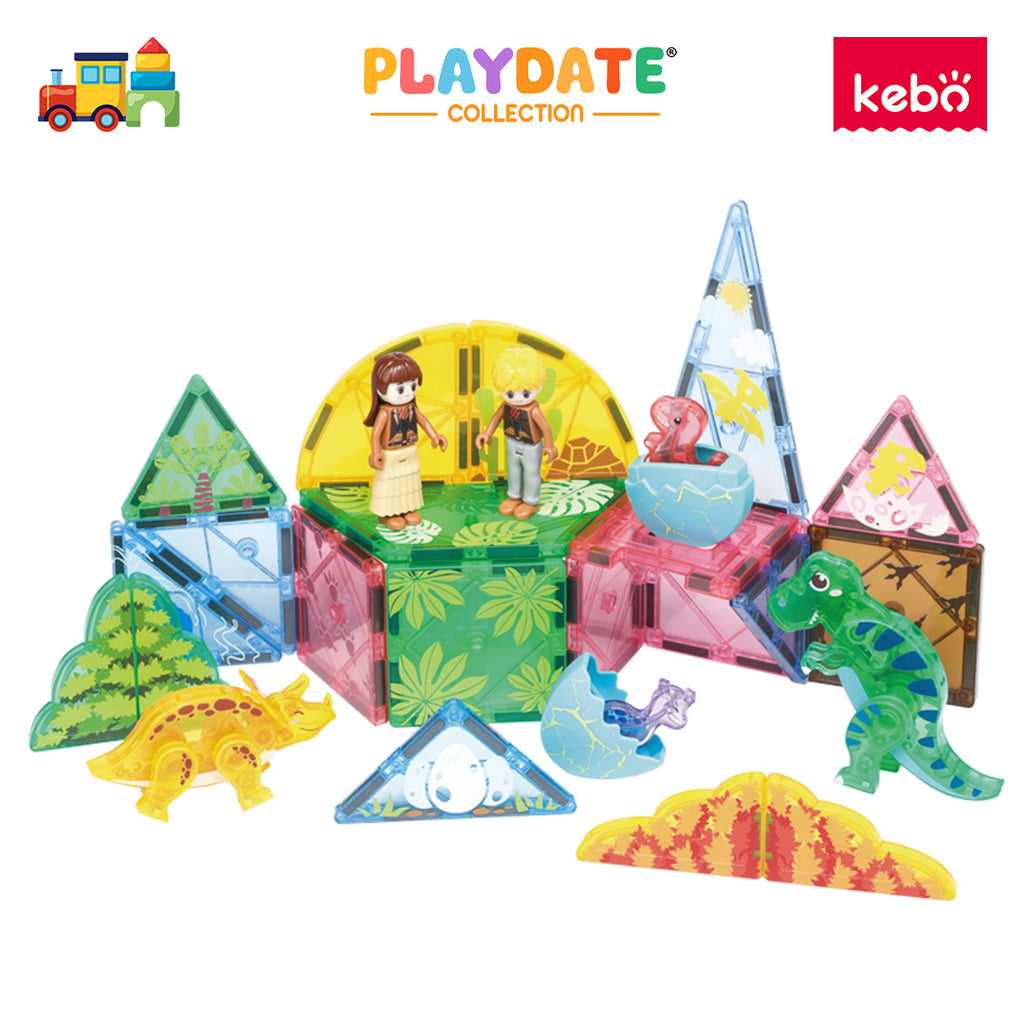 Kebo Dino Zone Playset - 42pcs Educational Magnetic Tiles Building Toy
