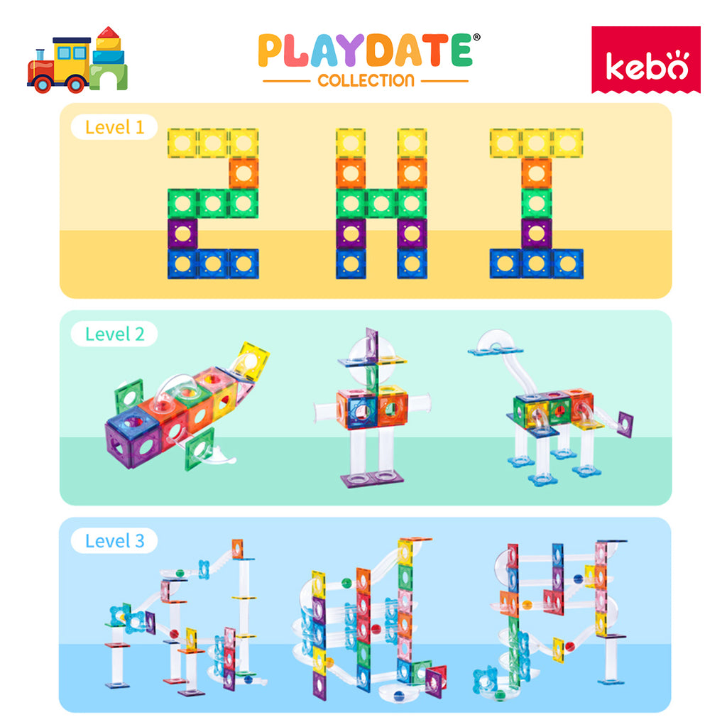 Kebo Marble Run Playset - 60pcs Educational Magnetic Tiles Building Toy