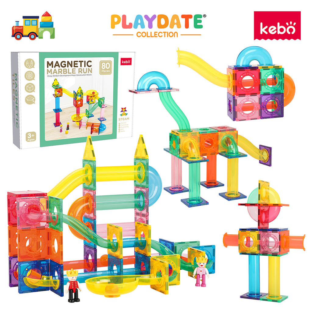 Kebo Marble Run Playset - 80pcs Educational Magnetic Tiles Building Toy